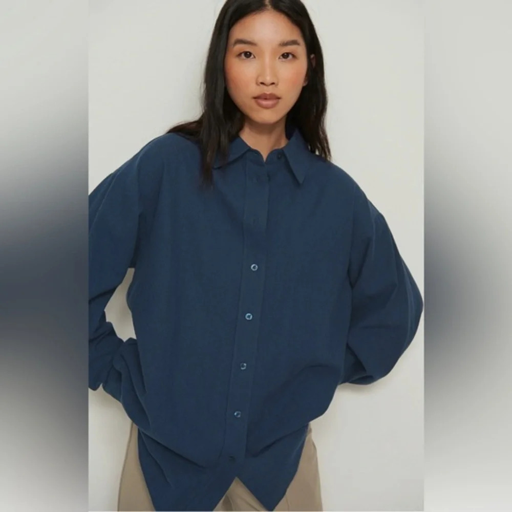 100%Cotton Button Down Shirt Blouse Dark Blue Size L Relaxed Basic Casual Office